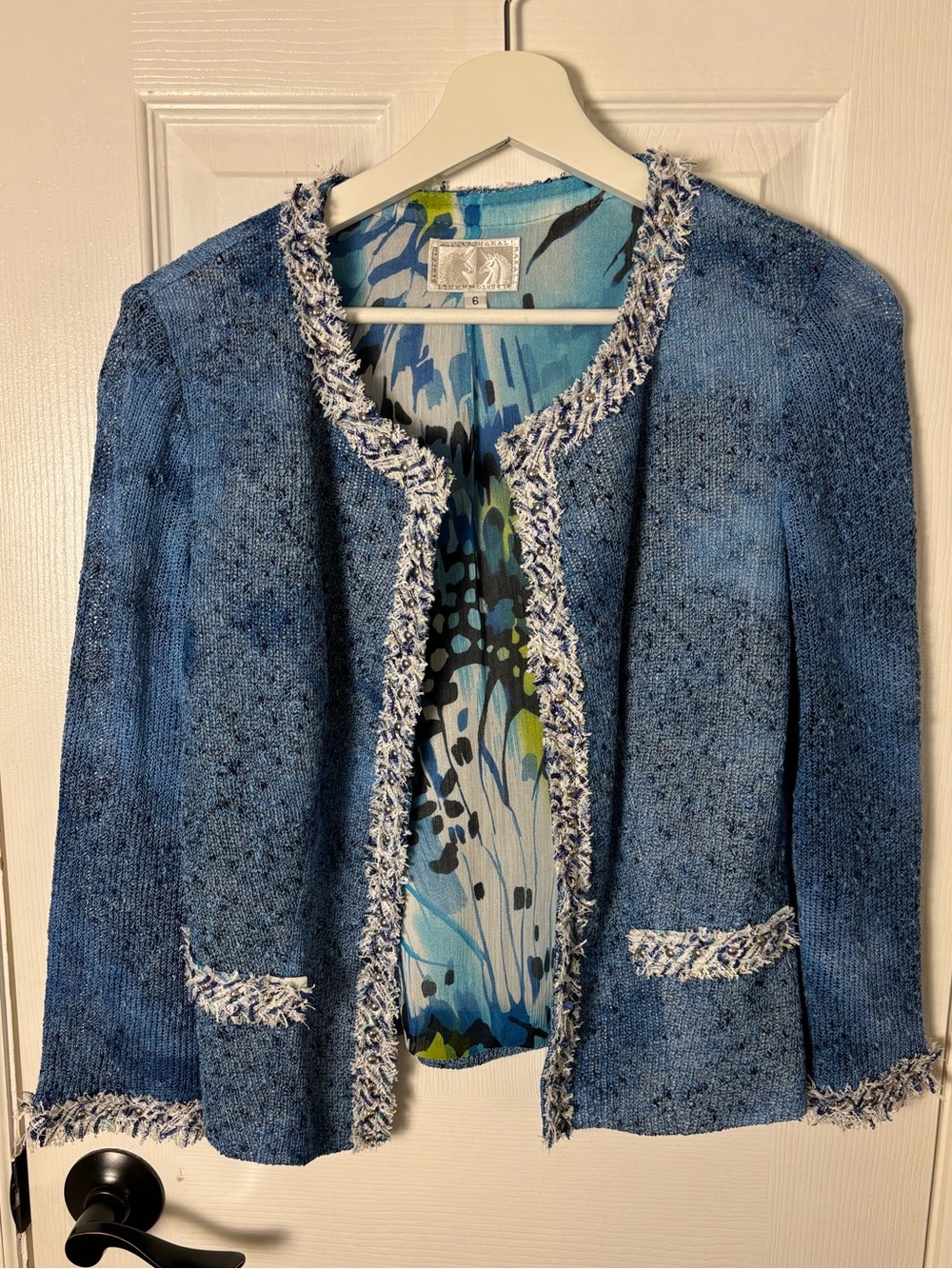 Alberto Makali Light Blue Tweed Fringe Open-Front Blazer